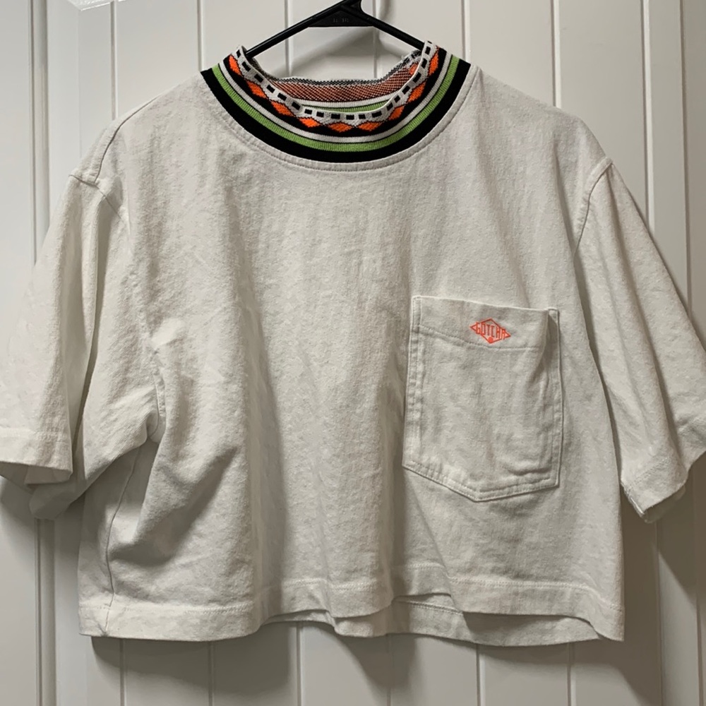 Cream Gotcha by Icons of Culture Crop Top with Multi Colored Collar